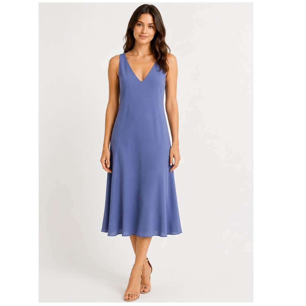 Worth New York Periwinkle Blue V-Neck Sleeveless Midi Dress Size 4 Crepe Flare